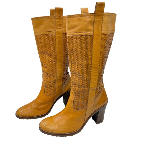 Cole Haan Woven Leather Tall Boots Womens 8.5 Block Heel Lug Sole Camel Tan - Picture 2 of 12